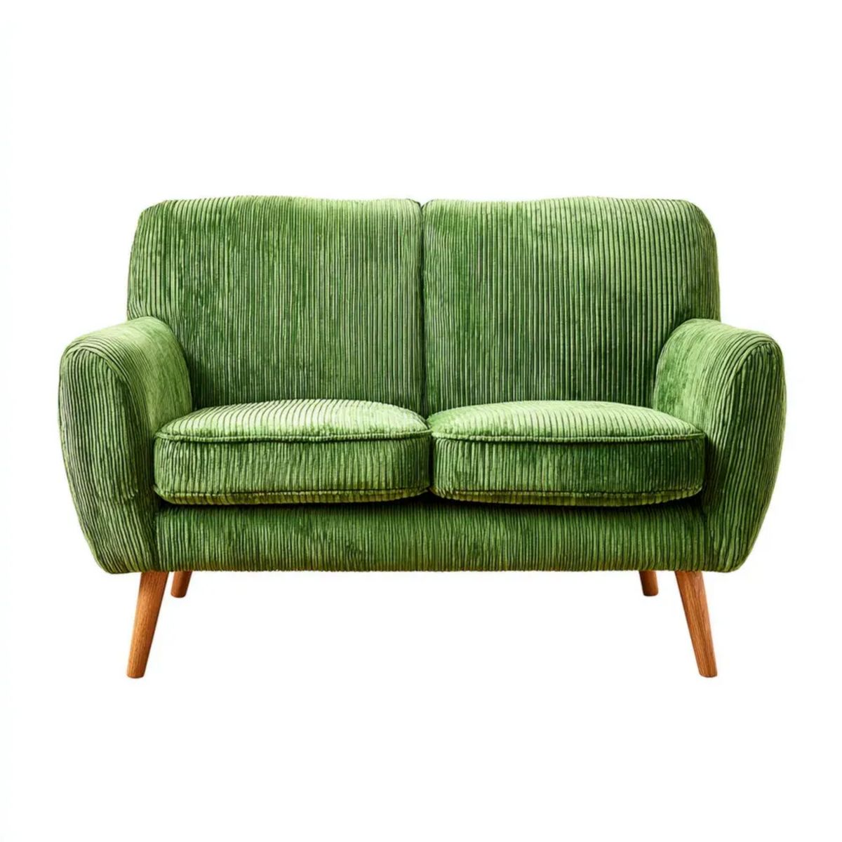 Zielona sofa dwuosobowa z poliestru sztruksowego na drewnianych nogach, 142 x 78 x 86 cm