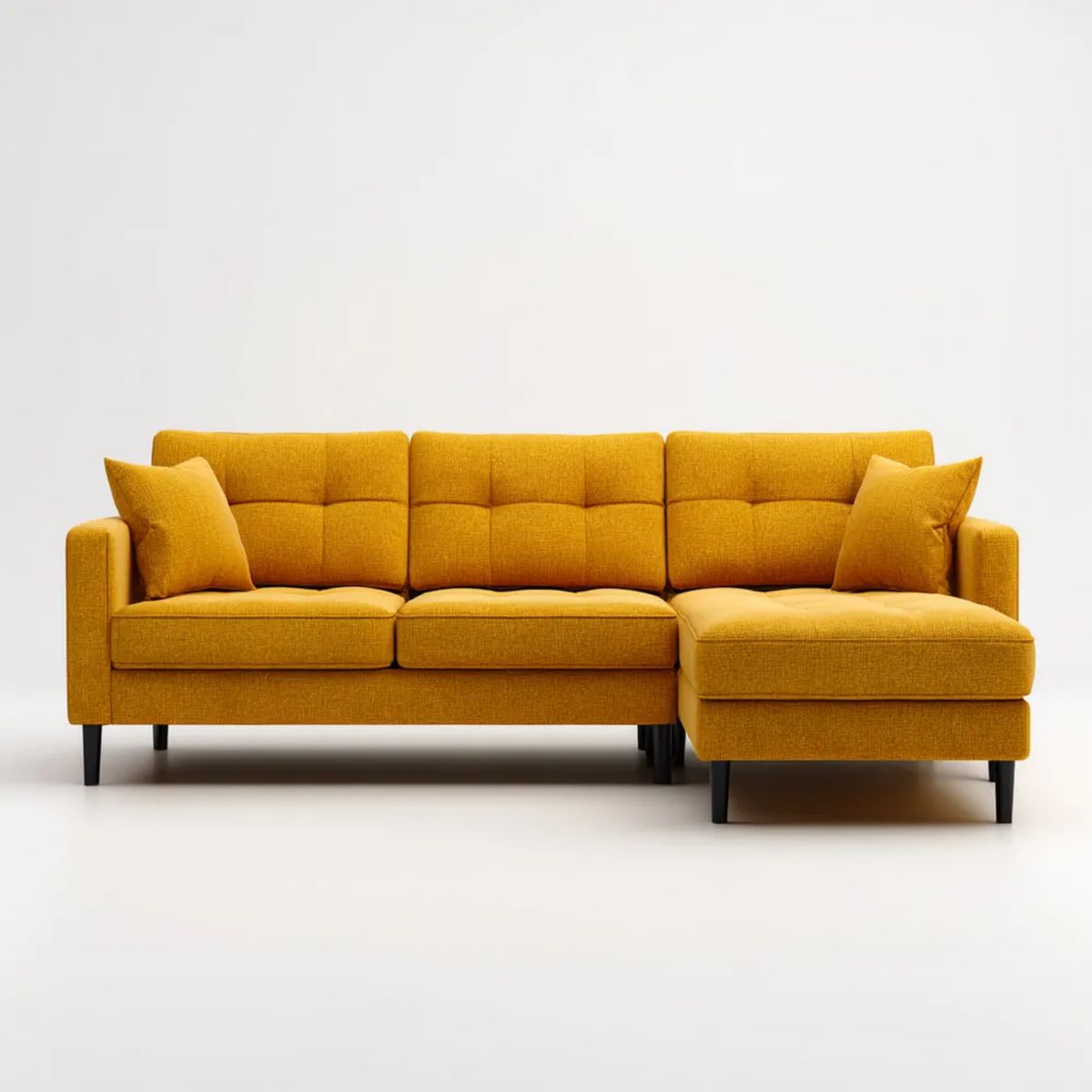 Sofa narożna prawostronna z szezlongiem, tapicerowana tkaniną, musztardowa, 260 x 160 x 85 cm