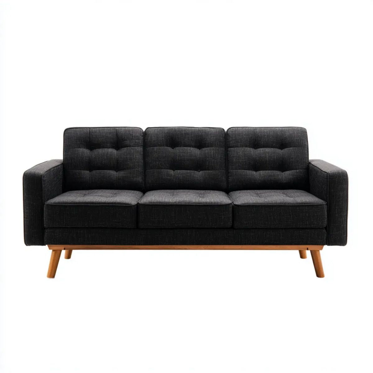 Sofa trzyosobowa czarna z tkaniny, brązowe drewniane nogi, 196 x 82 x 83 cm
