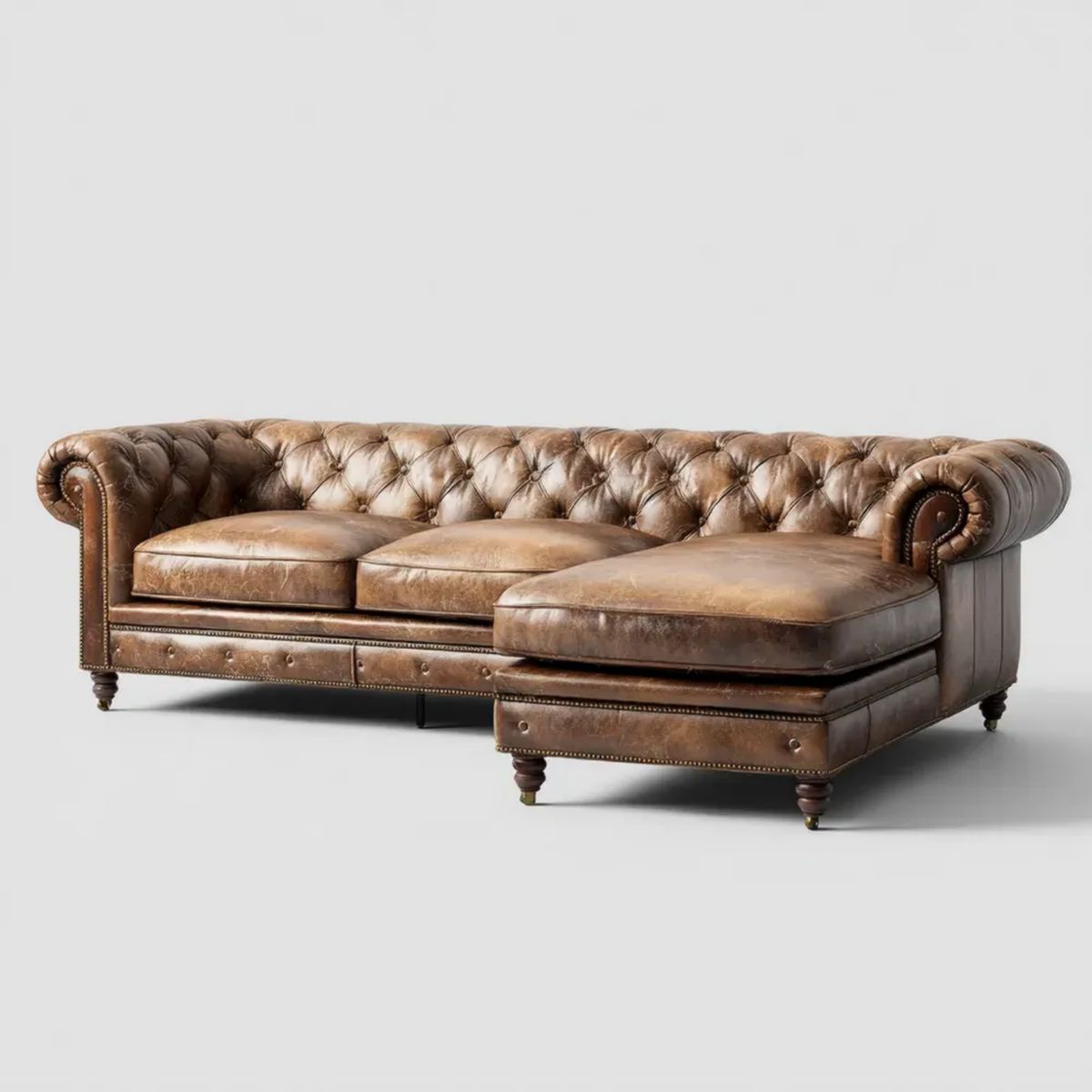 Prawostronna sofa narożna Chesterfield z ekoskóry brązowa 280 x 165 x 78 cm