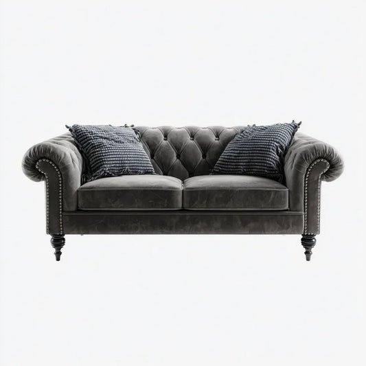 Dwuosobowa sofa Chesterfield z aksamitu grafitowa, 180 × 90 × 75 cm
