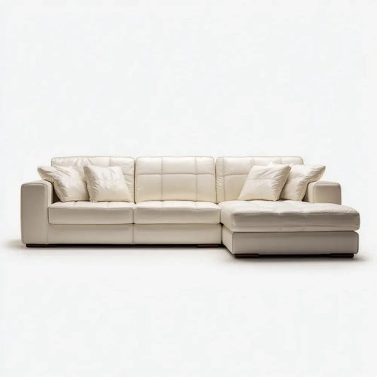 Beżowa sofa narożna ze skóry syntetycznej PU z prawostronnym szezlongiem, 290 × 165 × 85 cm, kształt L
