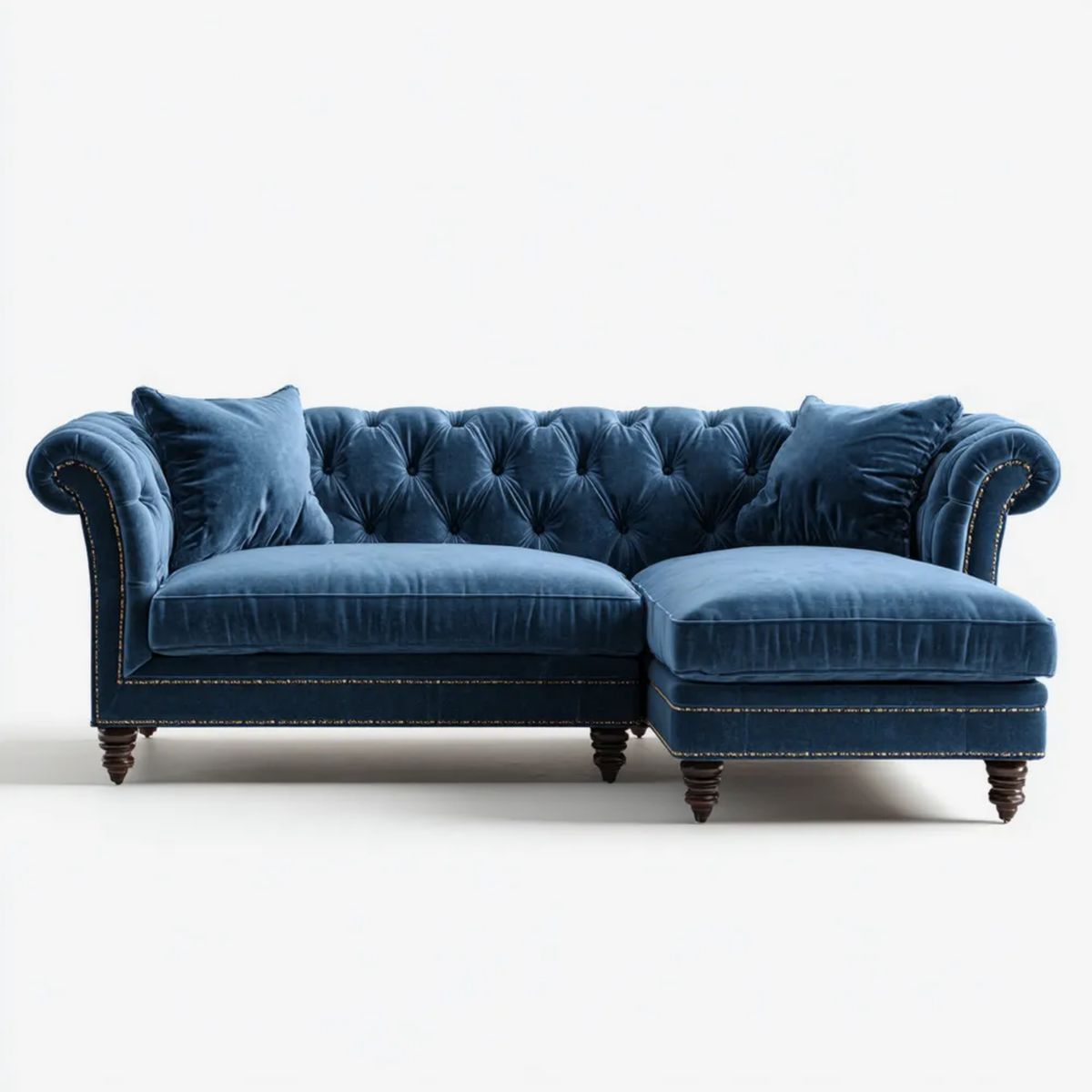 Prawostronna sofa narożna Chesterfield z weluru, granatowa, 260 x 160 x 78 cm