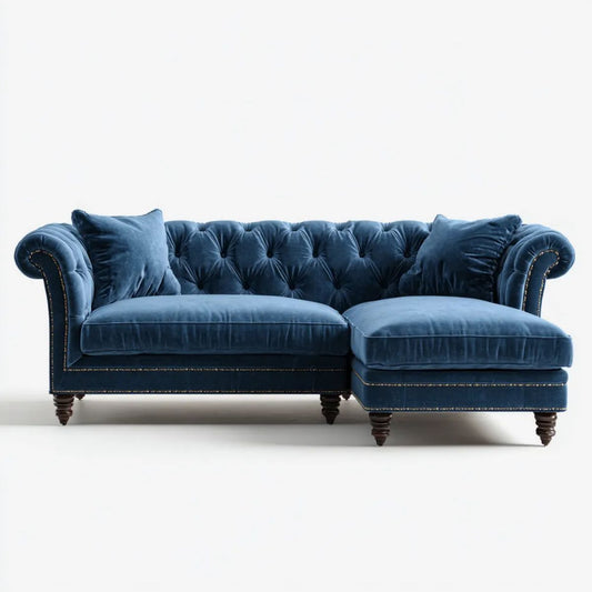 Prawostronna sofa narożna Chesterfield z weluru, granatowa, 260 x 160 x 78 cm