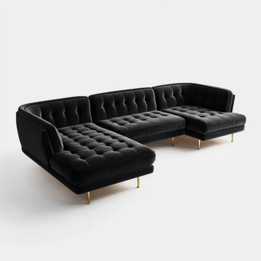Modułowa sofa narożna w kształcie U, czarna ze złotymi nogami, tapicerowana aksamitem poliestrowym, 320 x 160 x 82 cm