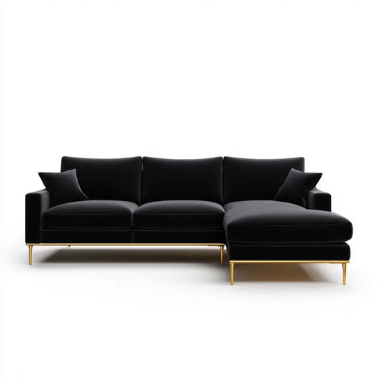 Prawostronna sofa narożna w kształcie L czarna ze złotymi metalowymi nóżkami, 280 × 165 × 85 cm