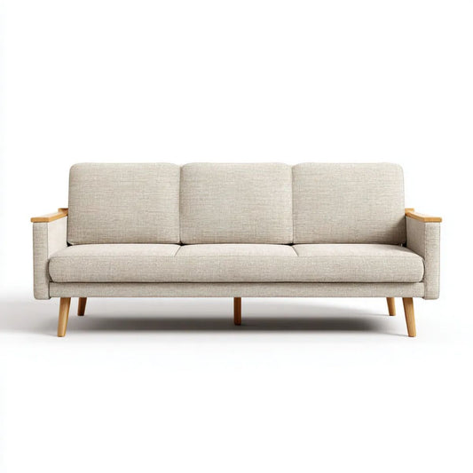 Trzyosobowa sofa beżowa z tapicerką poliestrową i drewnianymi elementami, 200 x 82 x 82 cm