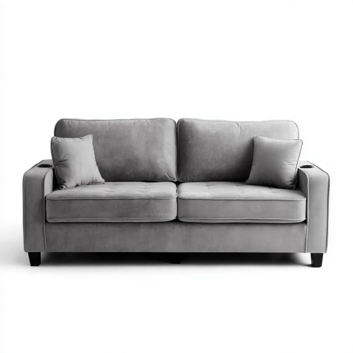 Szara sofa 2-osobowa z tapicerką poliestrową, uchwytami na napoje i 2 poduszkami, 160 x 85 x 85 cm