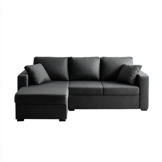 Grafitowa sofa narożna z lewostronnym szezlongiem, tapicerowana tkaniną poliestrową, 230 × 150 × 85 cm