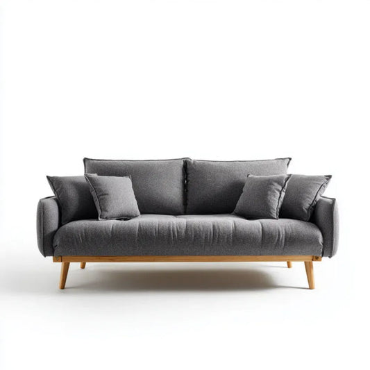 Trzyosobowa sofa szara z tapicerką poliestrową i drewnianymi nogami, 220 × 90 × 85 cm
