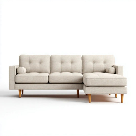 Kremowa sofa narożna z prawostronnym szezlongiem, tapicerowana poliestrem, 270 x 160 x 85 cm