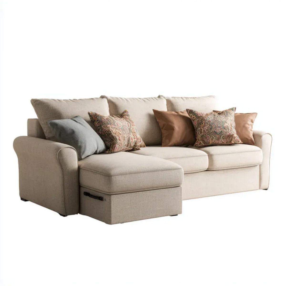 Beżowa sofa trzyosobowa z wysuwanym podnóżkiem, poliester, 240 x 95 x 90 cm