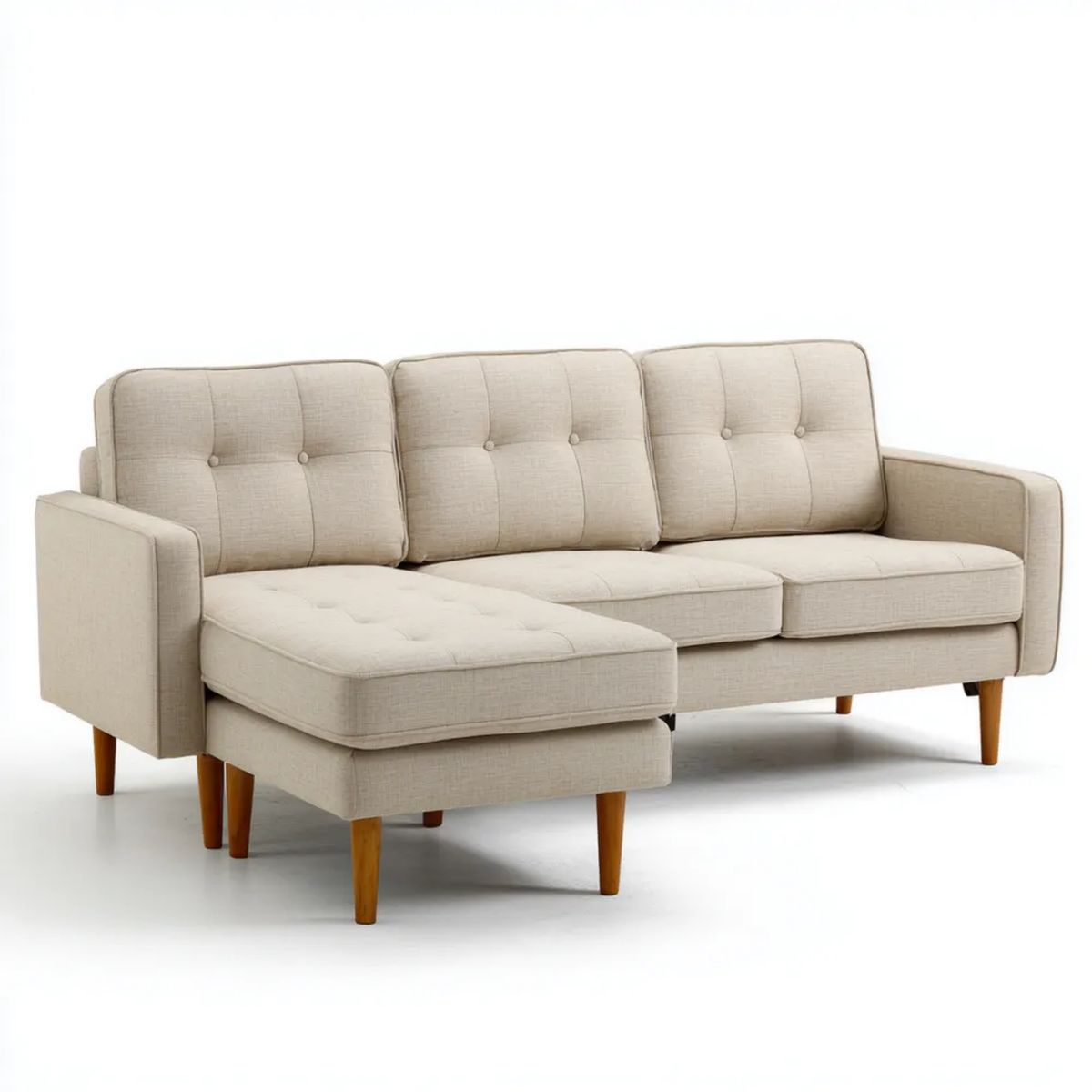 Beżowa sofa narożna z lewostronną leżanką, tapicerka poliestrowa, 230 x 145 x 85 cm