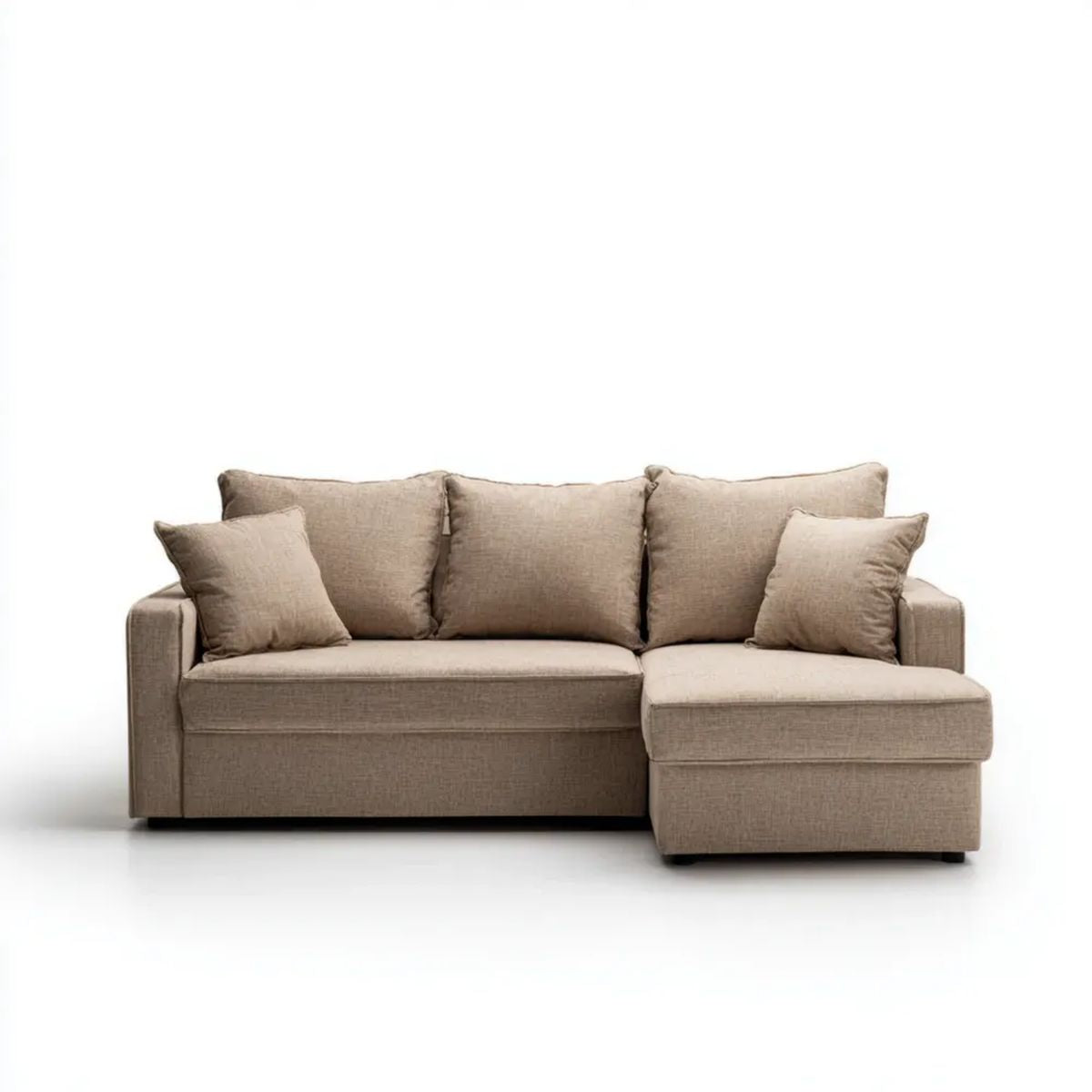 Beżowa sofa narożna z prawym szezlongiem i tapicerką poliestrową, 230 x 150 x 85 cm