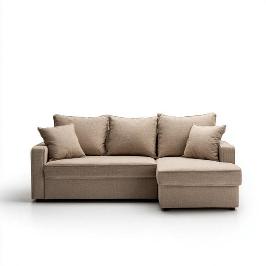 Beżowa sofa narożna z prawym szezlongiem i tapicerką poliestrową, 230 x 150 x 85 cm