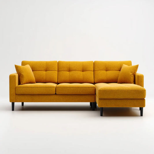 Sofa narożna prawostronna z szezlongiem, tapicerowana tkaniną, musztardowa, 260 x 160 x 85 cm