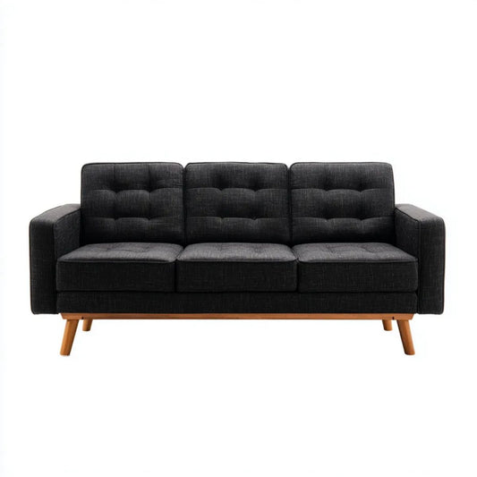 Sofa trzyosobowa czarna z tkaniny, brązowe drewniane nogi, 196 x 82 x 83 cm
