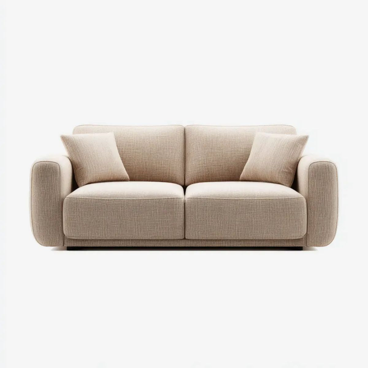 Beżowa sofa dwuosobowa z tapicerką tkaninową i czarną podstawą, 180 x 90 x 85 cm