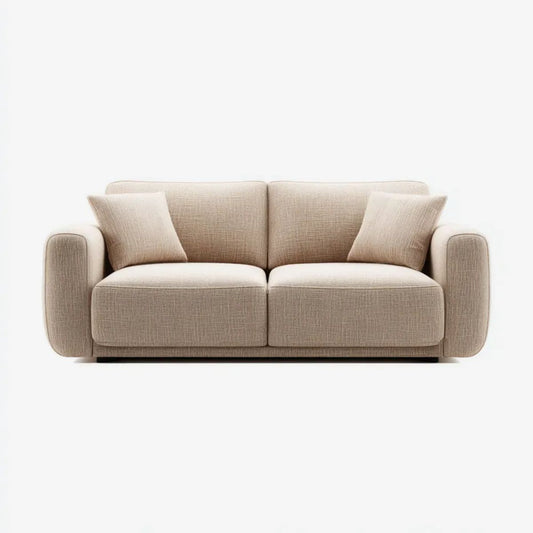 Beżowa sofa dwuosobowa z tapicerką tkaninową i czarną podstawą, 180 x 90 x 85 cm