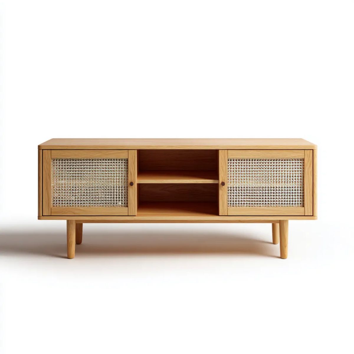 Szafka RTV z drewna i rattanu, naturalny dąb, 140 × 40 × 60 cm