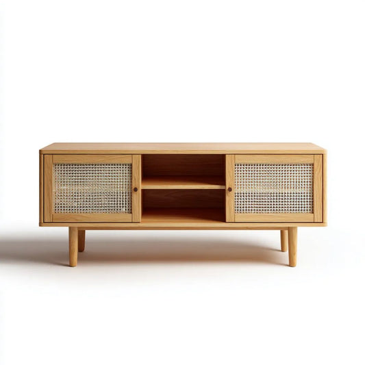 Szafka RTV z drewna i rattanu, naturalny dąb, 140 × 40 × 60 cm